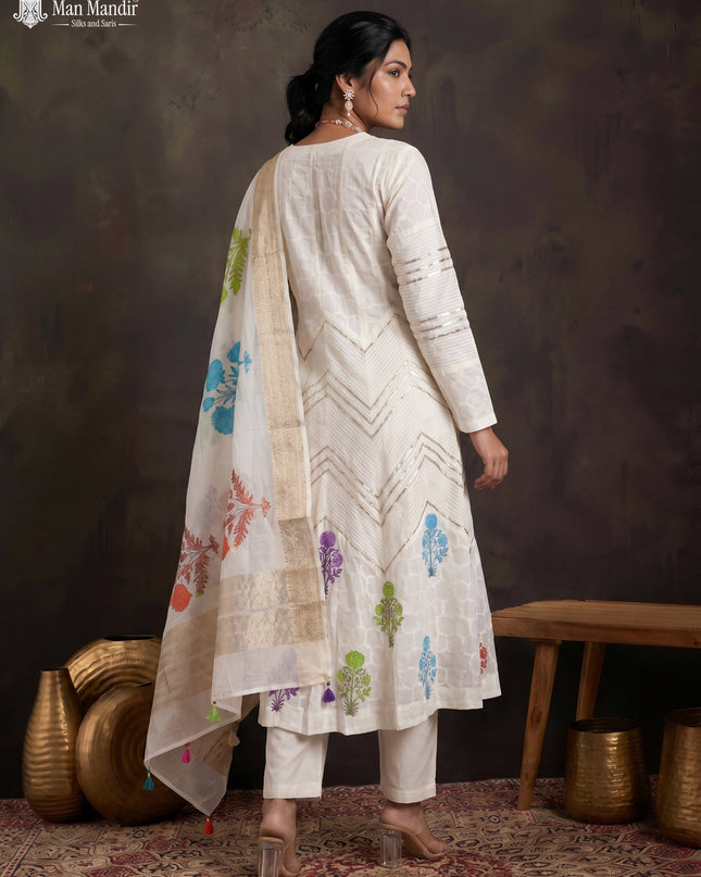 Off White Mul Chanderi Anarkali Suits With Pant & Dupatta