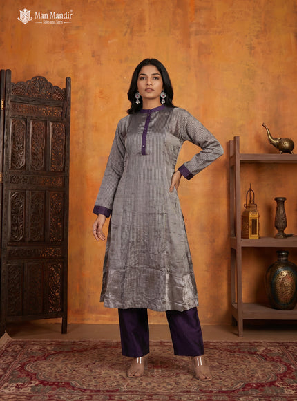 Purple Tissue Silver Brocade Anarkali Suit With Pant
