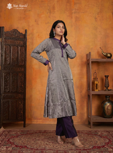 Purple Tissue Silver Brocade Anarkali Suit With Pant