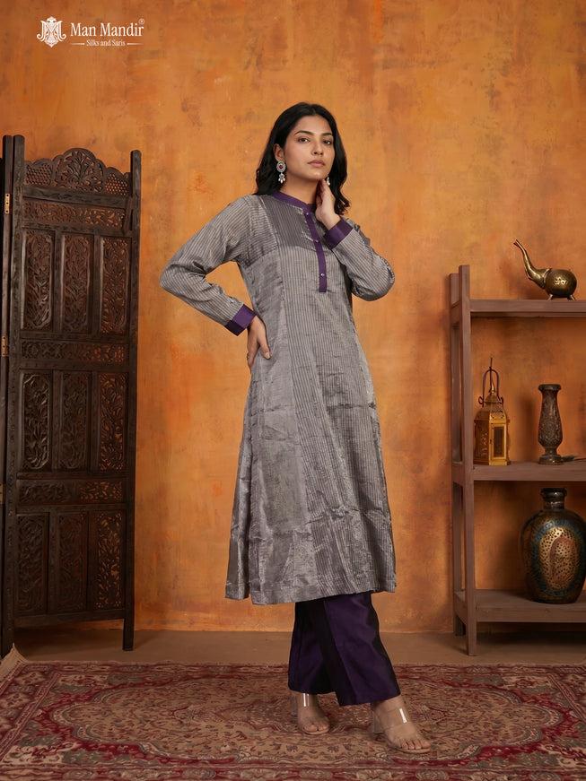 Purple Tissue Silver Brocade Anarkali Suit With Pant