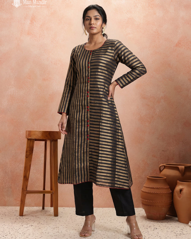 Black Silk Golden Stripes Anarkali Suit With Pant