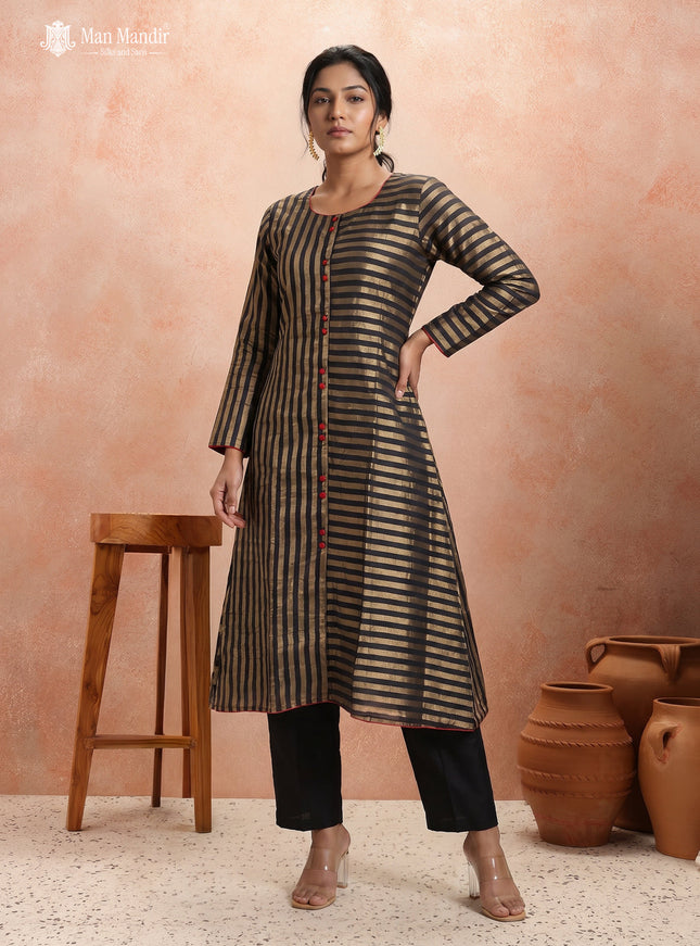 Black Silk Golden Stripes Anarkali Suit With Pant
