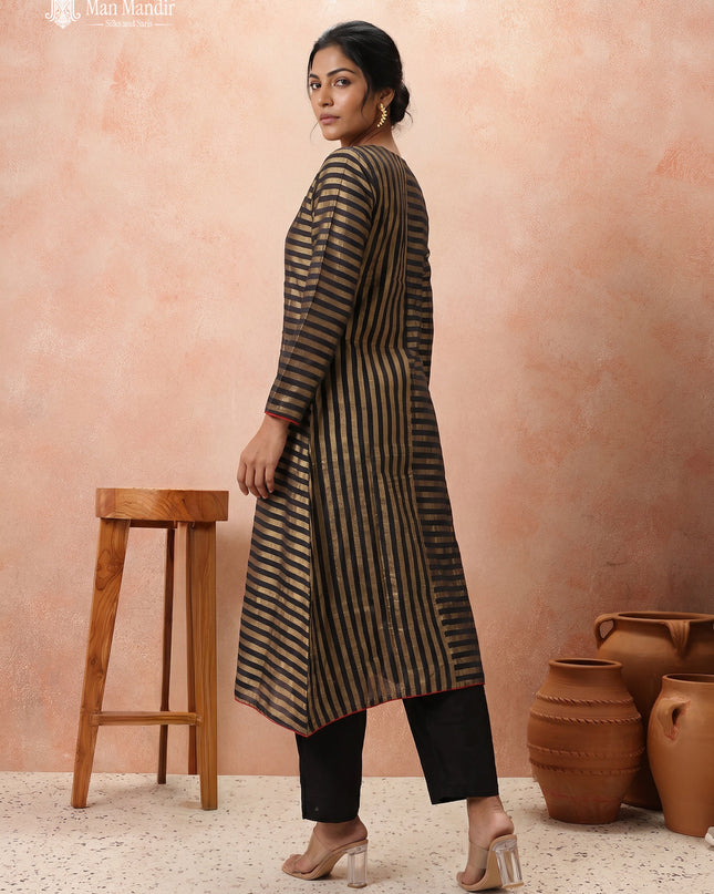 Black Silk Golden Stripes Anarkali Suit With Pant