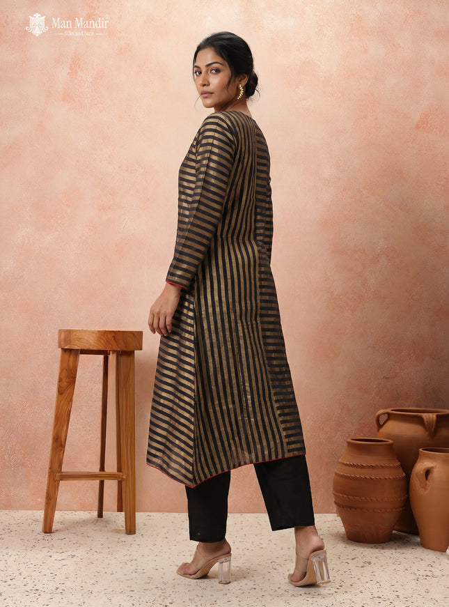 Black Silk Golden Stripes Anarkali Suit With Pant