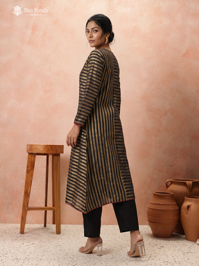 Black Silk Golden Stripes Anarkali Suit With Pant