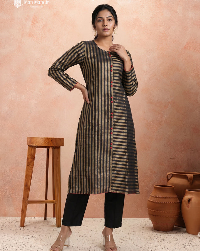 Black Silk Golden Stripes Anarkali Suit With Pant