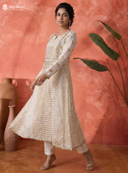 Off White Mul Chanderi Anarkali Suits With Pant & Dupatta