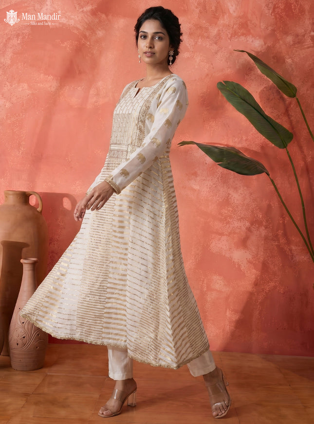 Off White Mul Chanderi Anarkali Suits With Pant & Dupatta