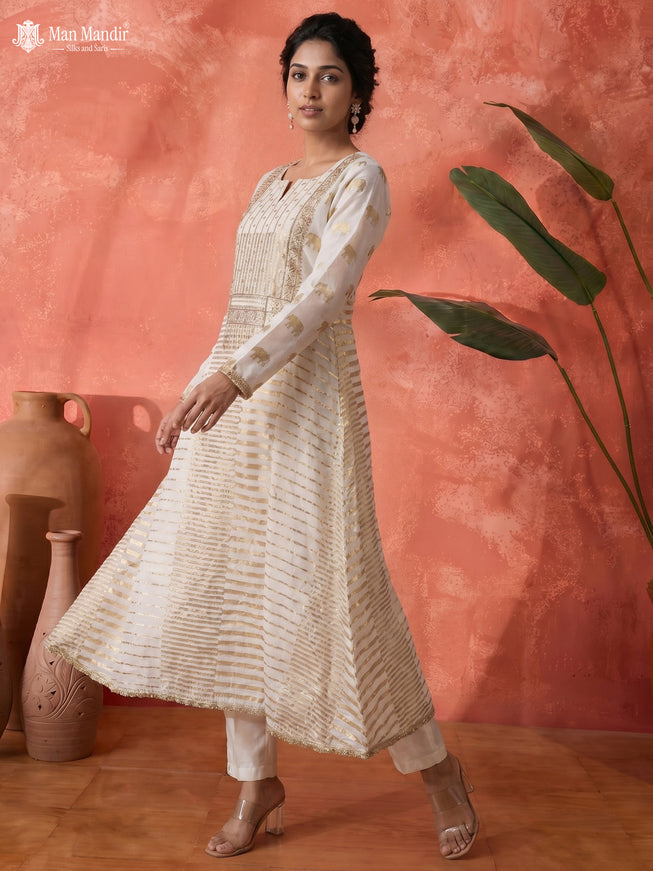 Off White Mul Chanderi Anarkali Suits With Pant & Dupatta