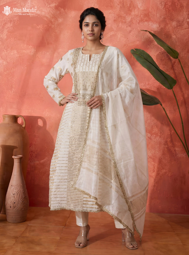 Off White Mul Chanderi Anarkali Suits With Pant & Dupatta