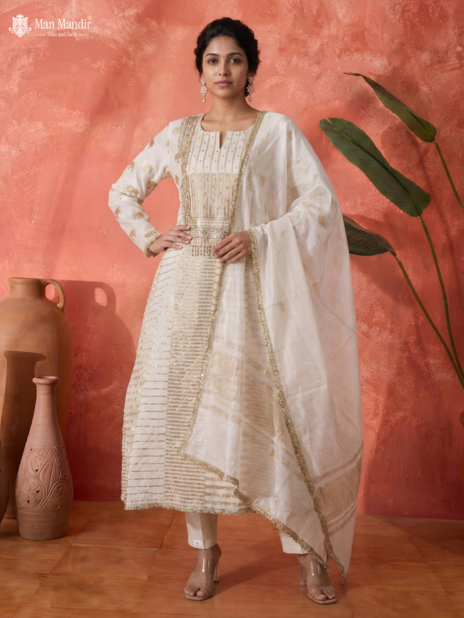 Off White Mul Chanderi Anarkali Suits With Pant & Dupatta