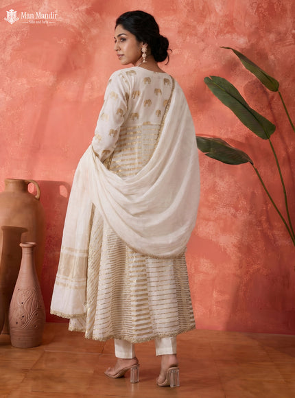 Off White Mul Chanderi Anarkali Suits With Pant & Dupatta
