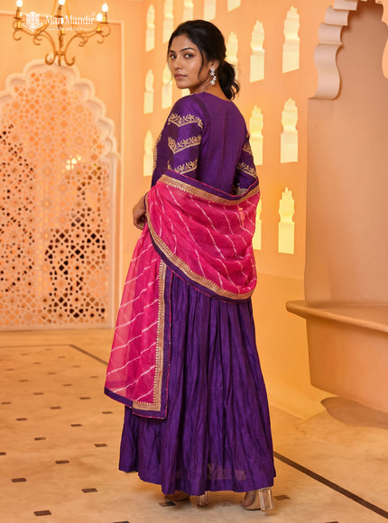Purple Raw Silk Anarkali Suit With Leheriya Dupatta