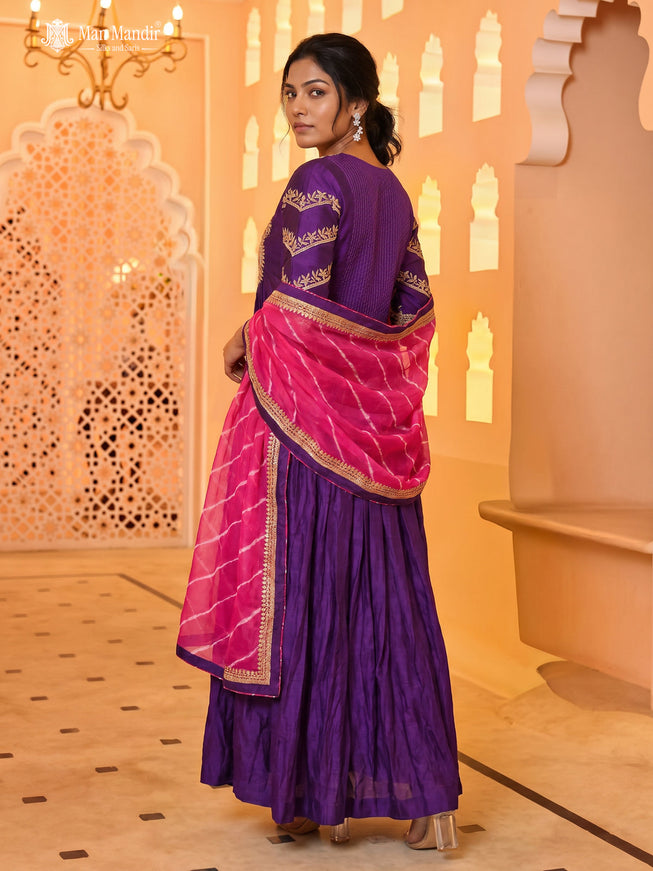Purple Raw Silk Anarkali Suit With Leheriya Dupatta