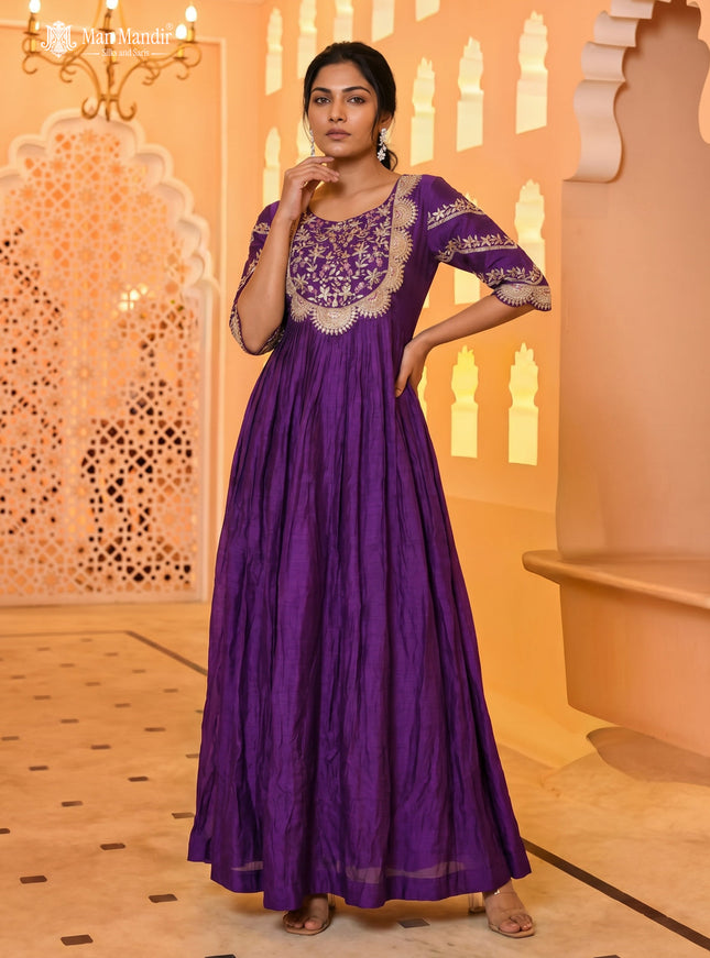 Purple Raw Silk Anarkali Suit With Leheriya Dupatta
