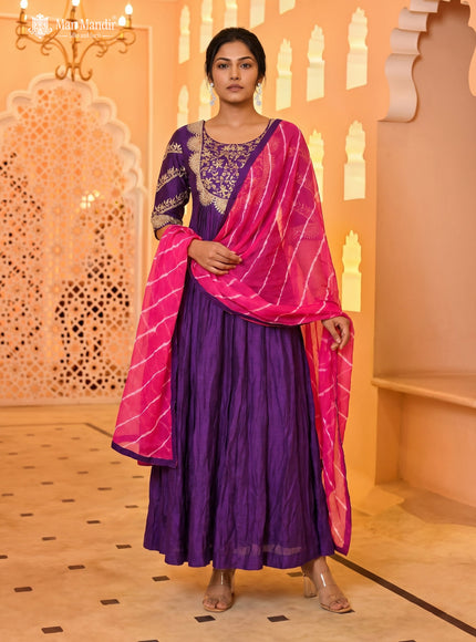 Purple Raw Silk Anarkali Suit With Leheriya Dupatta