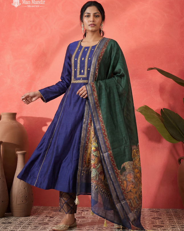 Navy Blue Raw Silk Anarkali Suit With Pant & Dupatta