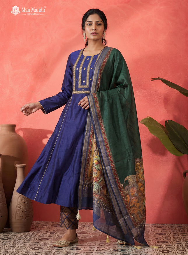 Navy Blue Raw Silk Anarkali Suit With Pant & Dupatta