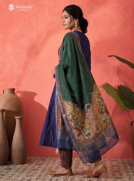 Navy Blue Raw Silk Anarkali Suit With Pant & Dupatta