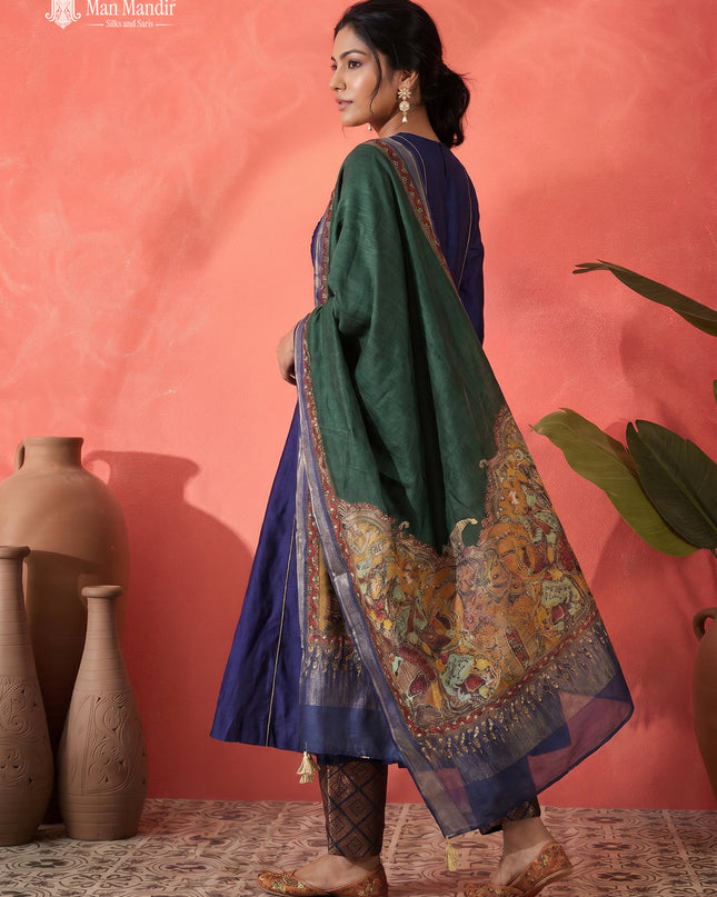 Navy Blue Raw Silk Anarkali Suit With Pant & Dupatta