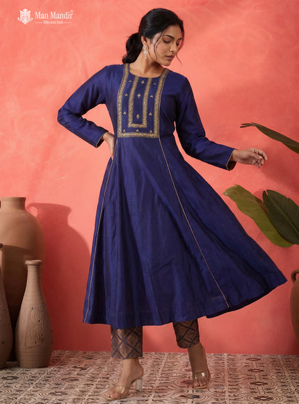 Navy Blue Raw Silk Anarkali Suit With Pant & Dupatta