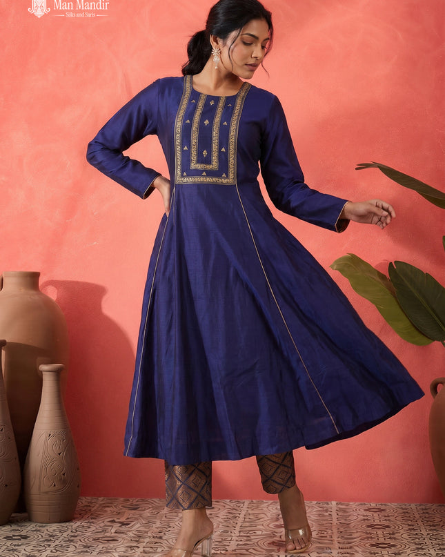 Navy Blue Raw Silk Anarkali Suit With Pant & Dupatta
