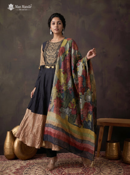 Black Tussar Embroiderd Anarkali Suit With Pant & Kalamkari Dupatta