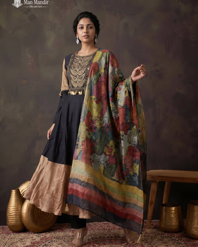 Black Tussar Embroiderd Anarkali Suit With Pant & Kalamkari Dupatta