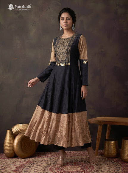 Black Tussar Embroiderd Anarkali Suit With Pant & Kalamkari Dupatta