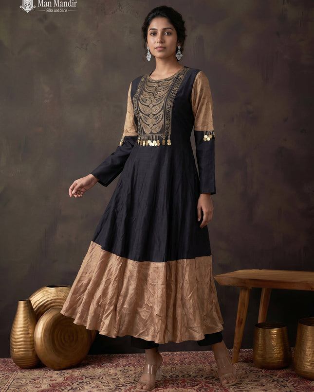 Black Tussar Embroiderd Anarkali Suit With Pant & Kalamkari Dupatta