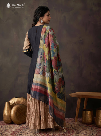 Black Tussar Embroiderd Anarkali Suit With Pant & Kalamkari Dupatta