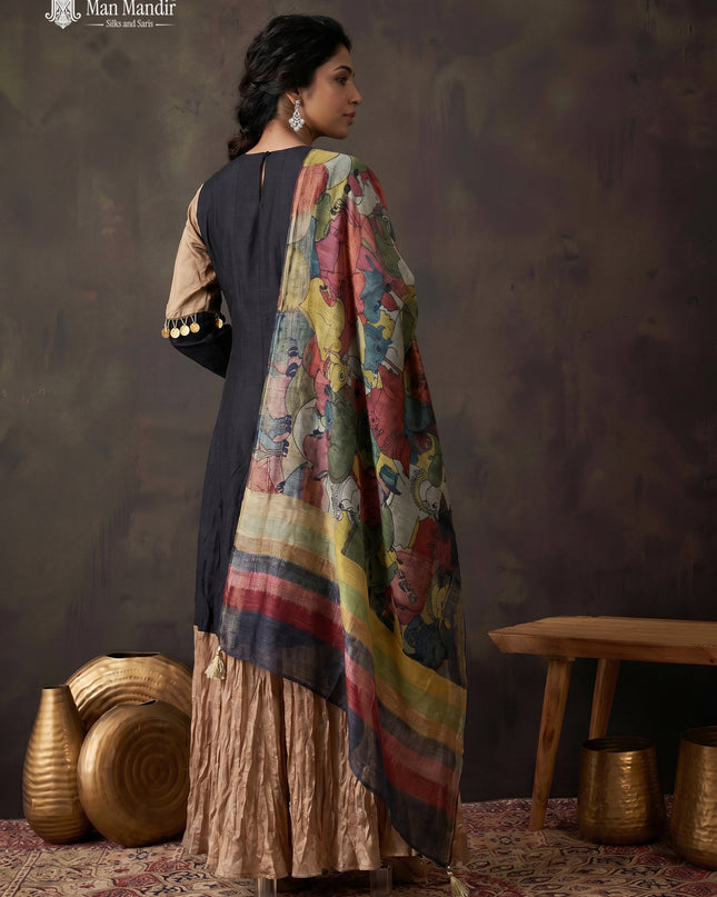 Black Tussar Embroiderd Anarkali Suit With Pant & Kalamkari Dupatta