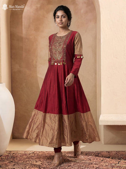 Maroon Tussar Embroiderd Anarkali Suit With Pant & Kalamkari Dupatta