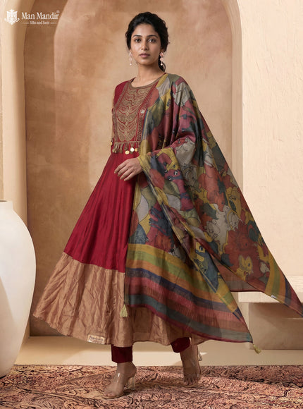 Maroon Tussar Embroiderd Anarkali Suit With Pant & Kalamkari Dupatta