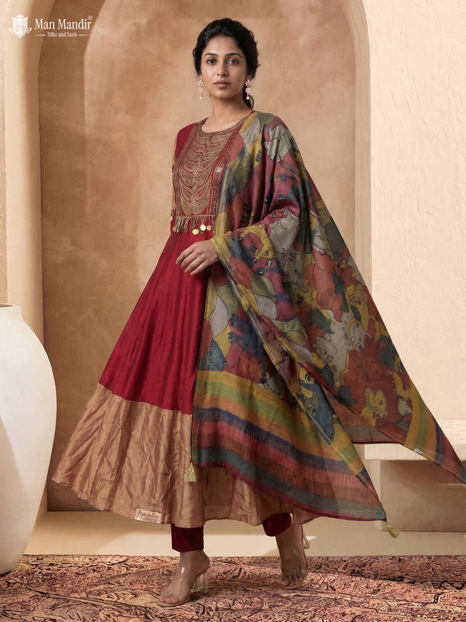 Maroon Tussar Embroiderd Anarkali Suit With Pant & Kalamkari Dupatta
