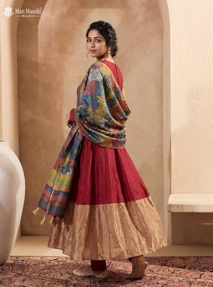 Maroon Tussar Embroiderd Anarkali Suit With Pant & Kalamkari Dupatta