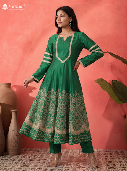 Green Raw Silk Heavy Embroidered Anarkali Suit With Pant & Dupatta