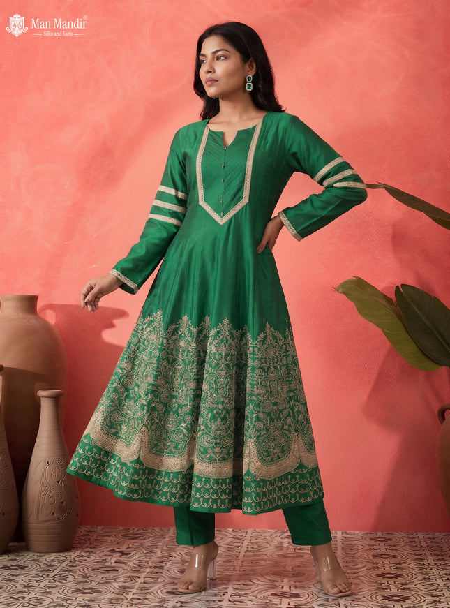Green Raw Silk Heavy Embroidered Anarkali Suit With Pant & Dupatta