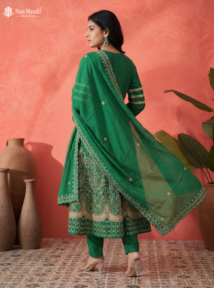 Green Raw Silk Heavy Embroidered Anarkali Suit With Pant & Dupatta