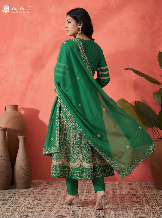 Green Raw Silk Heavy Embroidered Anarkali Suit With Pant & Dupatta