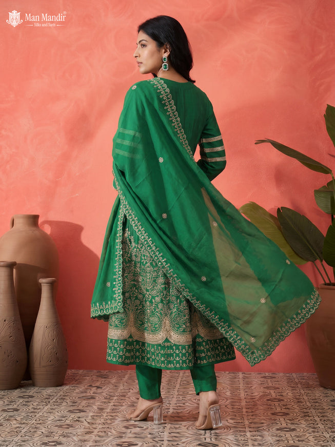 Green Raw Silk Heavy Embroidered Anarkali Suit With Pant & Dupatta