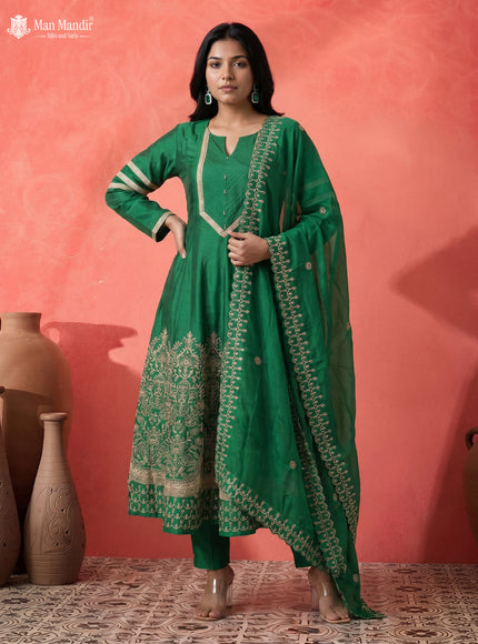 Green Raw Silk Heavy Embroidered Anarkali Suit With Pant & Dupatta
