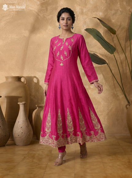 Pink Raw Silk Heavy Embroidered Anarkali Suit With Pant & Dupatta