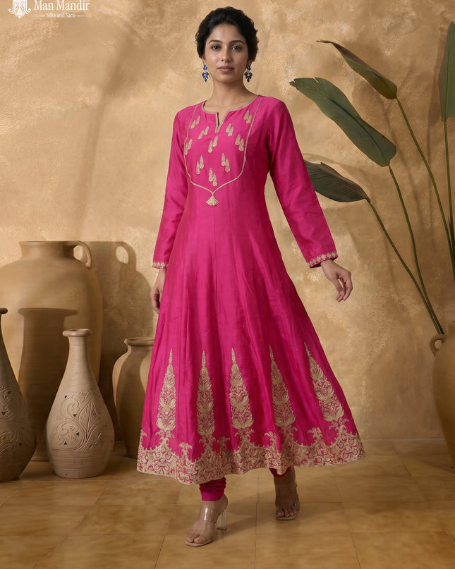 Pink Raw Silk Heavy Embroidered Anarkali Suit With Pant & Dupatta