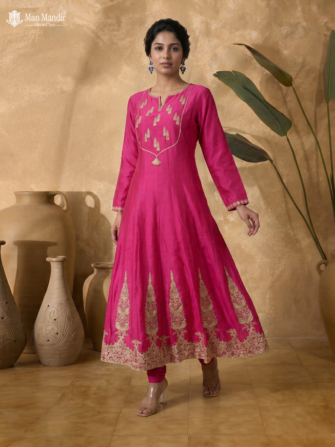 Pink Raw Silk Heavy Embroidered Anarkali Suit With Pant & Dupatta