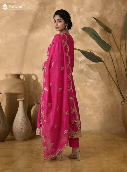 Pink Raw Silk Heavy Embroidered Anarkali Suit With Pant & Dupatta