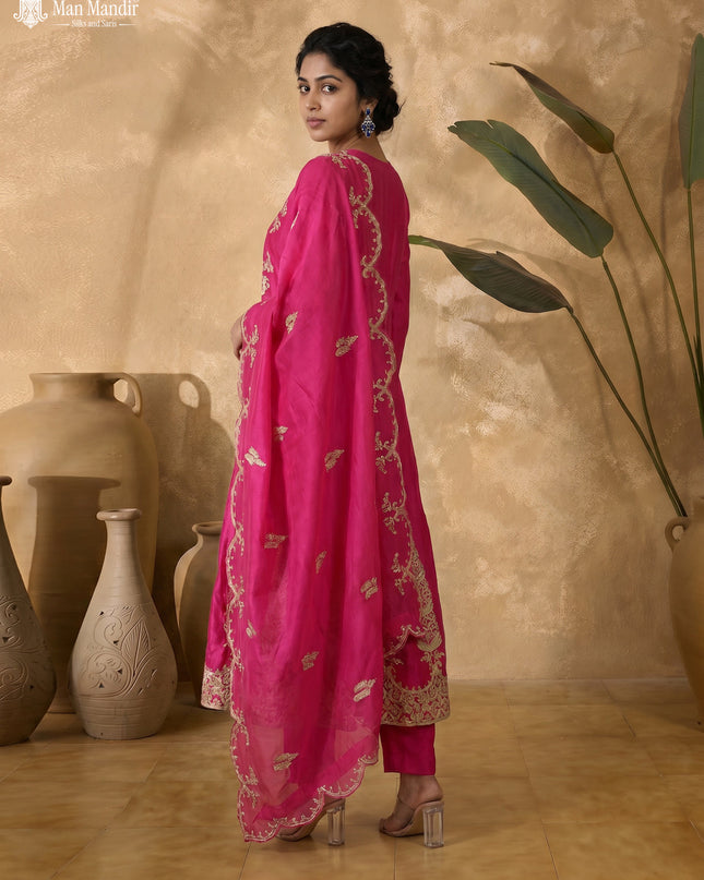 Pink Raw Silk Heavy Embroidered Anarkali Suit With Pant & Dupatta