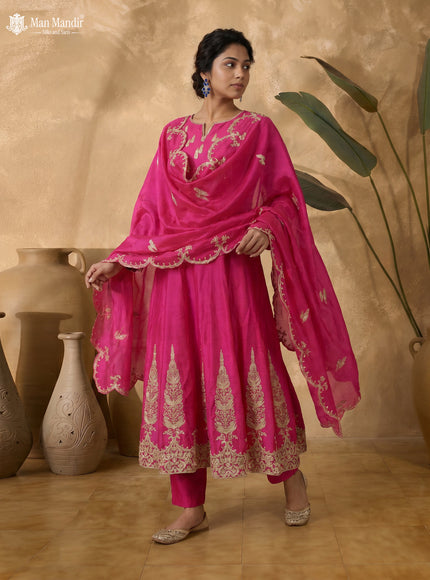 Pink Raw Silk Heavy Embroidered Anarkali Suit With Pant & Dupatta