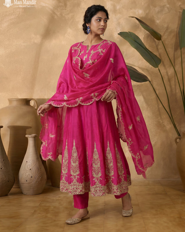 Pink Raw Silk Heavy Embroidered Anarkali Suit With Pant & Dupatta