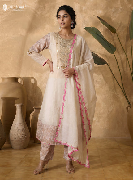 Cream Tissue Embroidered Anarkali Suit With Pant & Dupatta